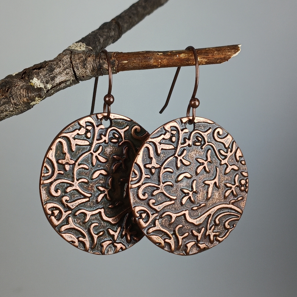 Embossed Copper Earrings Artisan Boho Botanical Garden Cottagecore Handcrafted - Picture 4 of 6